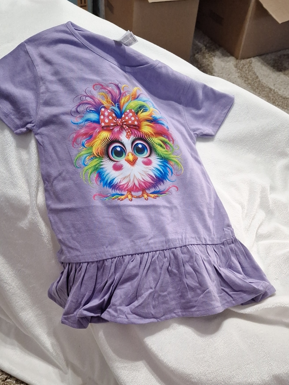 Girls Lavender Short-Sleeve Ruffle Hem Tee Dress with Colorful Owl Graphic